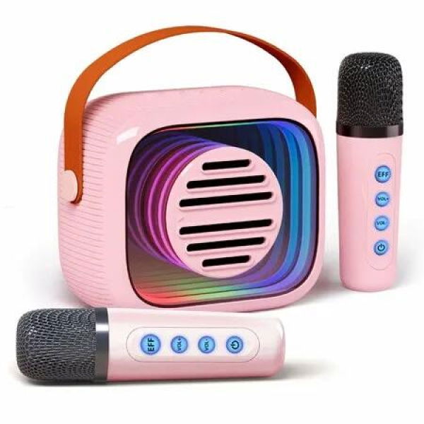 Mini Karaoke Machine for Kids- Portable Bluetooth Speaker with 2 Microphone 5 Voice Changing Effects for Christmas Gifts(Pink)