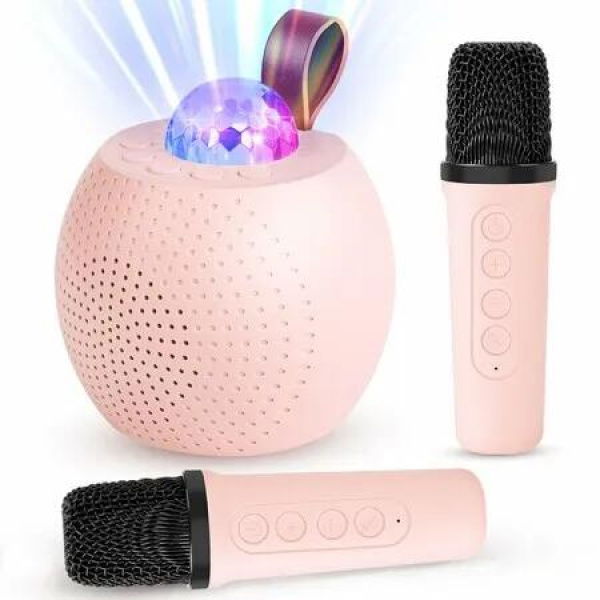 Mini Karaoke Machine for Kids Bluetooth Speaker with 2 Wireless Mic,Portable Microphone Speaker with Colorful LED(Pink)