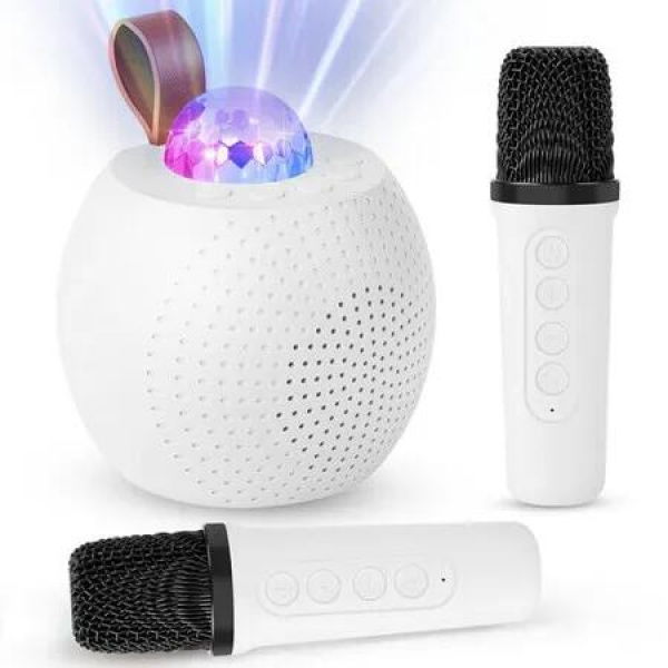 Mini Karaoke Machine for Kids Bluetooth Speaker with 2 Wireless Mic,Portable Microphone Speaker with Colorful LED(White)