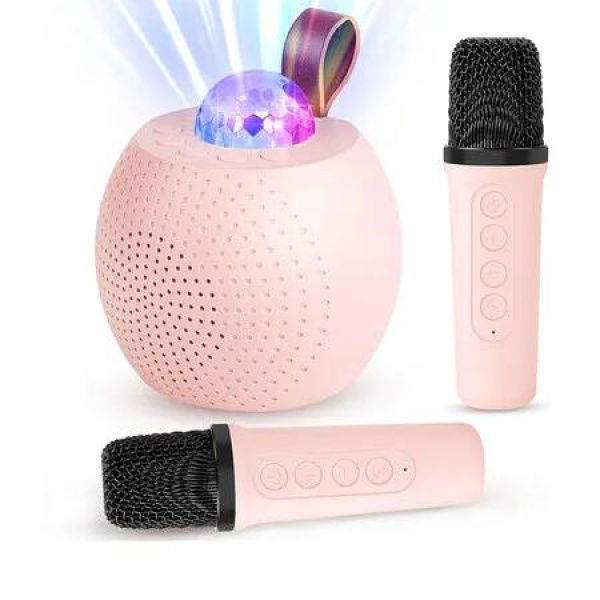 Mini Karaoke Machine for Kids, Bluetooth Speaker with 2 Wireless Microphones, Portable Microphone Speaker with Colorful LED Disco Lights for Home Party