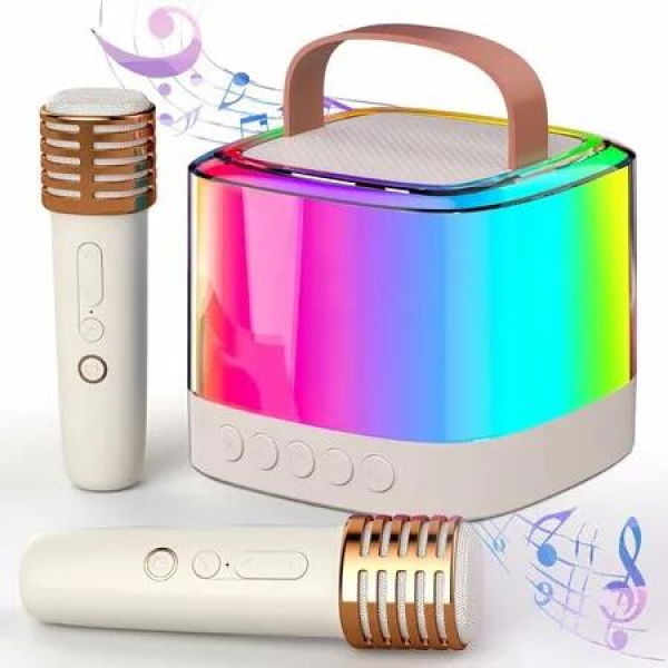 Mini Karaoke Machine for Kids, Portable Bluetooth Karaoke Speaker with 2 Wireless Mics and LED Color Lights, Home KTV, Birthday for Girls and Boys, Beige
