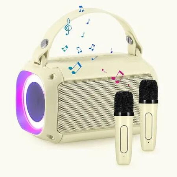 Mini Karaoke Machine for Kids, Portable Bluetooth Speaker, with 2PCS Wireless Microphones, Microphone Toys, for Girls and Boys Birthday Gift (Beige)