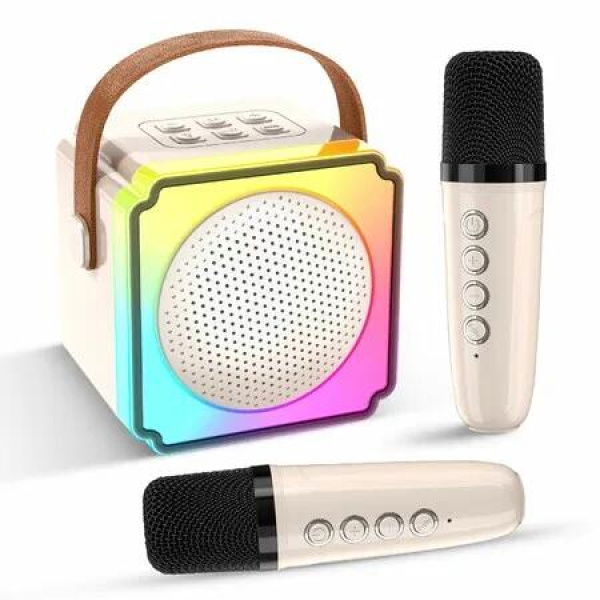 Mini Karaoke Machine for Kids,Portable Bluetooth Karaoke Speaker with 2 Wireless Microphones,Kids Karaoke Machine Agr3+ Beige