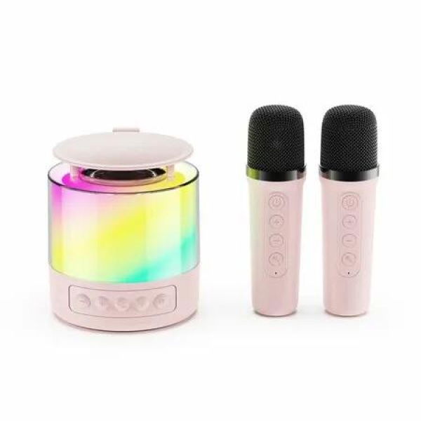 Mini Karaoke Machine for Kids,Portable Bluetooth Speaker with Wireless Microphone and LED Color Lights for Home Birthday Party (Pink,2 Mics)