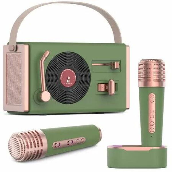 Mini Karaoke Machine Portable Bluetooth Speaker with 2 Wireless Microphones and Charging Pod, Stereo Sound Enhanced Bass Gifts for Girls,Green