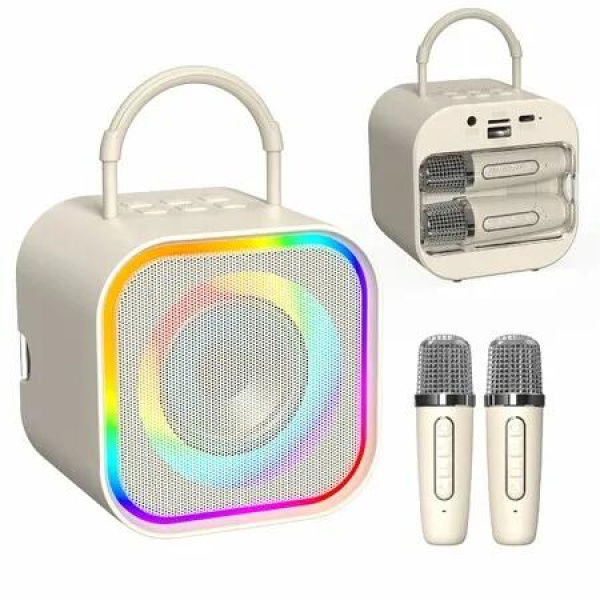 Mini Karaoke Machine Portable Bluetooth Speaker with 2 Wireless Microphones Built-in Storage,Fun Voice Effects Dynamic LED Lights,Birthday Gifts(Beige)