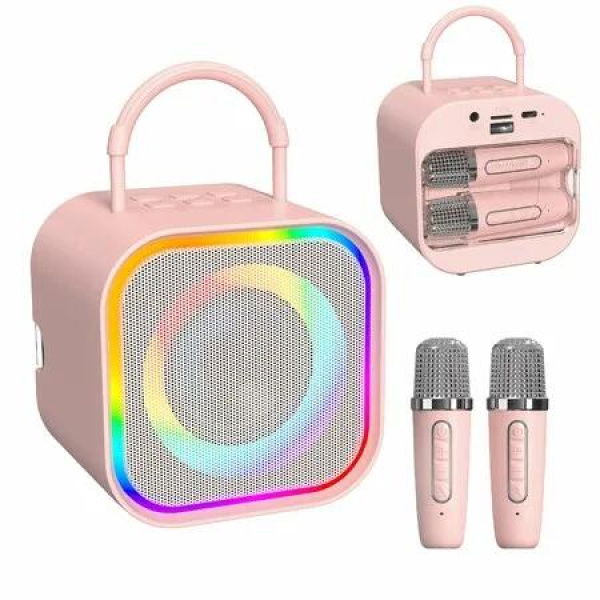 Mini Karaoke Machine Portable Bluetooth Speaker with 2 Wireless Microphones Built-in Storage,Fun Voice Effects Dynamic LED Lights,Birthday Gifts(Pink)