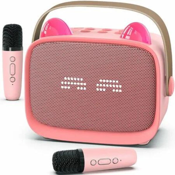 Mini Karaoke Machine Portable MP3 Player with 2 Wireless Microphone and LED,Christmas Birthday Gifts for Girls Boys 3+ Year Old(Pink)