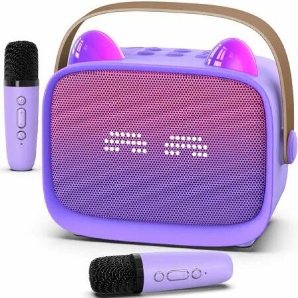Mini Karaoke Machine Portable MP3 Player with 2 Wireless Microphone and LED,Christmas Birthday Gifts for Girls Boys 3+ Year Old(Purple)
