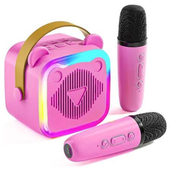 Mini Karaoke Machine Portable Singing Toys Speaker with 2 Wireless Microphones for Girls and Boys (Rose Redï¼‰