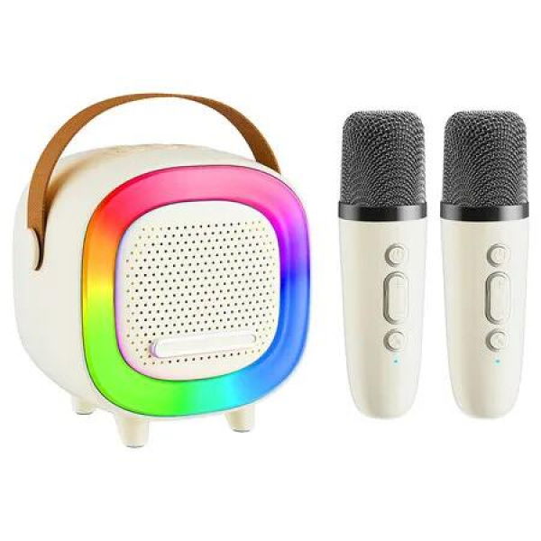 Mini Karaoke Machine Speaker for Kids, Portable Bluetooth with 2 Wireless Microphones, Gift Ideas for Boys and Girls (Beige)