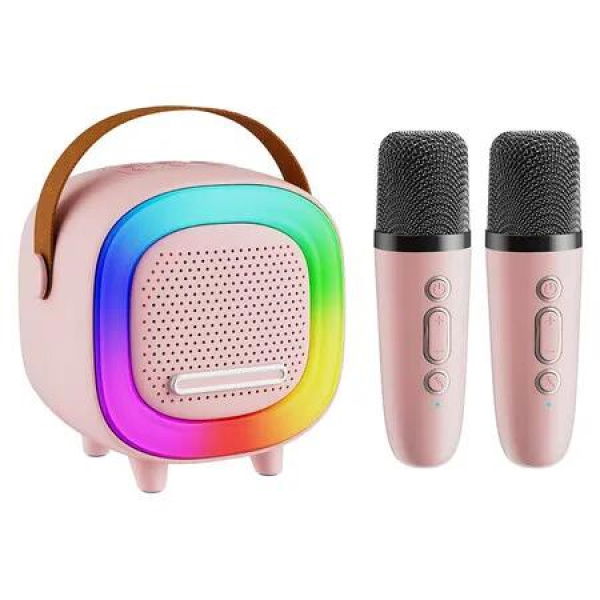 Mini Karaoke Machine Speaker for Kids, Portable Bluetooth with 2 Wireless Microphones, Gift Ideas for Boys and Girls (Pink)