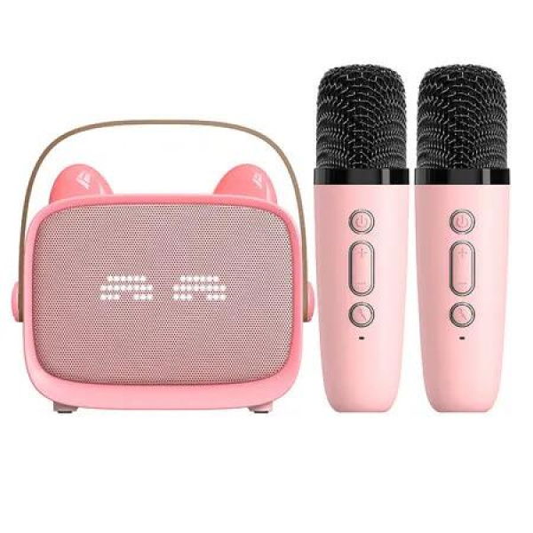 Mini Karaoke Machine Toys Gifts, Portable Speaker with 2 Wireless Microphone and LED, Christmas Birthday Gifts for Girls Boys (Pink)