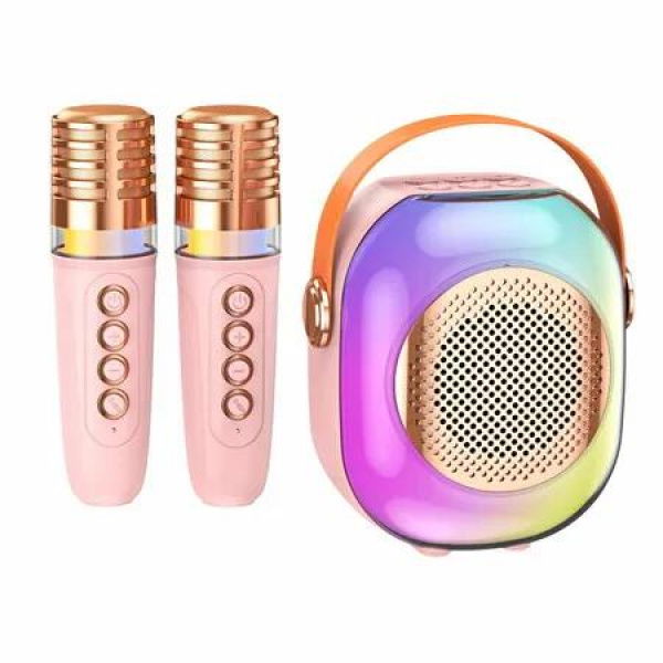 Mini Karaoke Machine with 2 Microphones, Portable Bluetooth with Voice Changing Effects and LED Lights, Karaoke Gifts for Boys Girls (Pink)