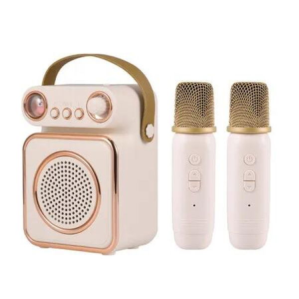 Mini Karaoke Machine with 2 Wireless Microphones for Kids, Portable Bluetooth Speaker Toy for Boys and Girls, Home Party, Birthday Gift, Travel (Beige)