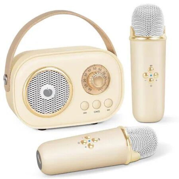 Mini Karaoke Machine,Portable Bluetooth Speaker with 2 Wireless Microphones and Stereo Sound Enhanced Bass,Gifts forAge3+ Home Party (Beige)