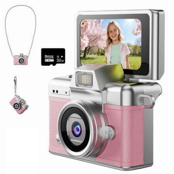 Mini Keychain Camera,1080P Digital Camera with 1.47in LCD,32GB TF Card Included,Pocket-Size Retro Camera,Travel Collectible Gift,Pink