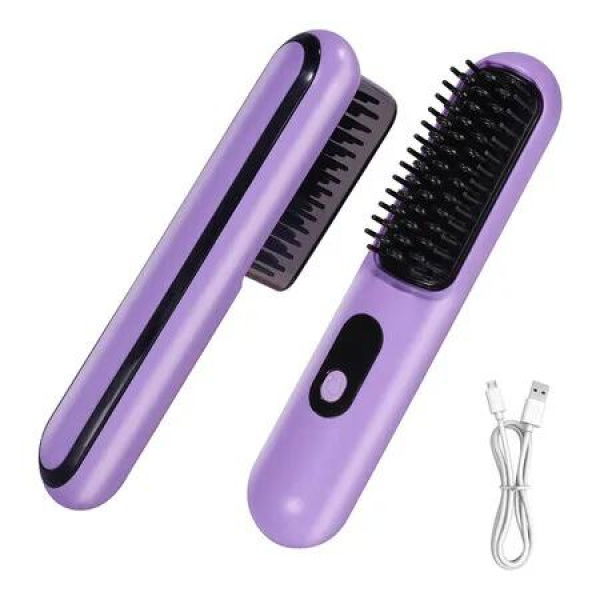 Mini Portable Straightening Brush for Travel, USB Rechargeable Negative Ion Hot Comb Straightener for Lightweight Carry (Purple)