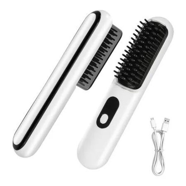 Mini Portable Straightening Brush for Travel, USB Rechargeable Negative Ion Hot Comb Straightener for Lightweight Carry (White)