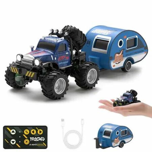 Mini RC Car, 1/64 Scale Mini Remote Control Truck with Trailer, 2.4Ghz & APP Remote Control, Rechargeable Alloy Shell Mini RC Cars with Lights (Blue)
