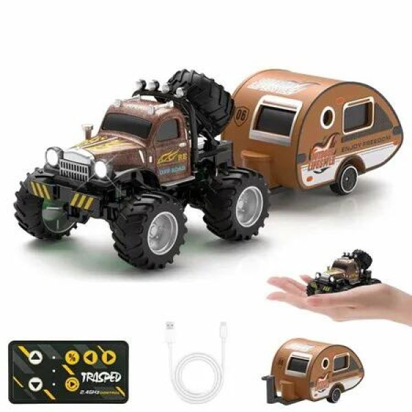 Mini RC Car, 1/64 Scale Mini Remote Control Truck with Trailer, 2.4Ghz & APP Remote Control, Rechargeable Alloy Shell Mini RC Cars with Lights (Brown)