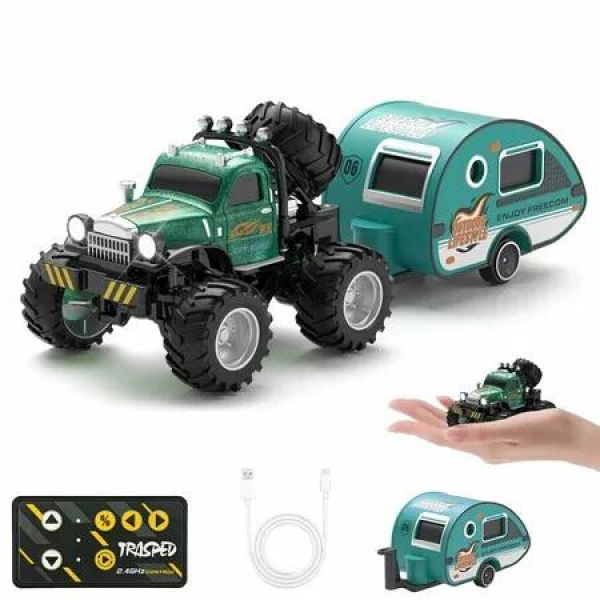 Mini RC Car, 1/64 Scale Mini Remote Control Truck with Trailer, 2.4Ghz & APP Remote Control, Rechargeable Alloy Shell Mini RC Cars with Lights (Green)