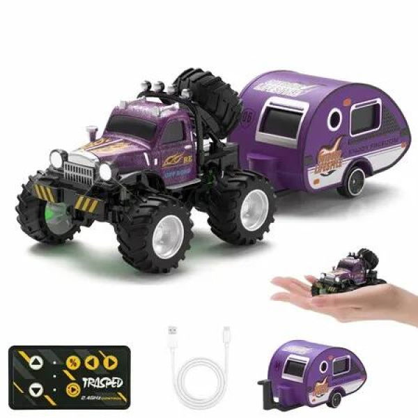 Mini RC Car, 1/64 Scale Mini Remote Control Truck with Trailer, 2.4Ghz & APP Remote Control, Rechargeable Alloy Shell Mini RC Cars with Lights (Purple)