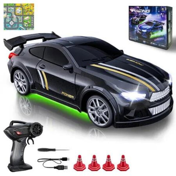 Mini RC Drift Car 1:64 Scale,Remote Control Car with LED Lights & 2-Speed Modes,2.4GHz Stunt Drifting RC Toys with 4 Obstacles & Track Mat,Black