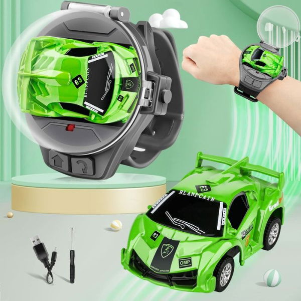 Mini Remote Control Car Watch Toys 2.4 GHz Cartoon RC Watch Racing USB Charging Hand Controlled For Boys Girls Birthday Gift (Green)