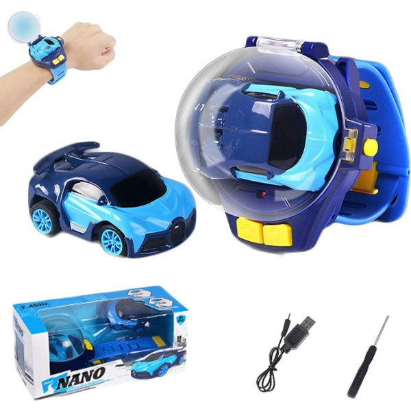 Mini Remote Control Car Watch Toys 2.4 GHz Watch Cartoon RC Small Car Interactive Game Toys Gift For Boys And Girls Birthday (Blue)