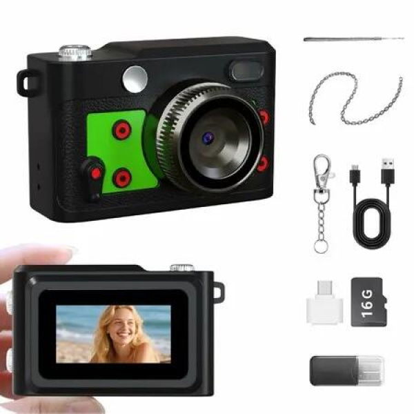 Mini Retro Keychain Camera, 1080P FHD Tiny Digital Camera with 16GB Card, Vintage Compact Camera Gift for Birthdays Kids (Green)