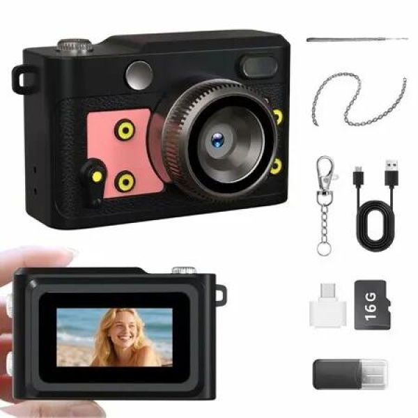 Mini Retro Keychain Camera, 1080P FHD Tiny Digital Camera with 16GB Card, Vintage Compact Camera Gift for Birthdays Kids (Pink)