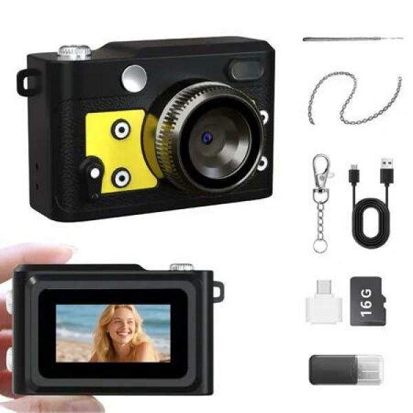 Mini Retro Keychain Camera, 1080P FHD Tiny Digital Camera with 16GB Card, Vintage Compact Camera Gift for Birthdays Kids (Yellow)