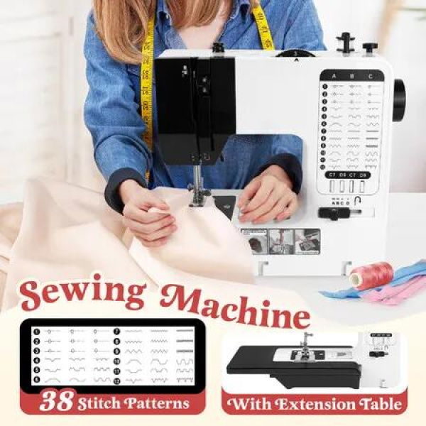 Mini Sewing Machine Electric Reverse Stitching Kit Portable Compact Mending for Beginners 38 Stitch Patterns Extension Table