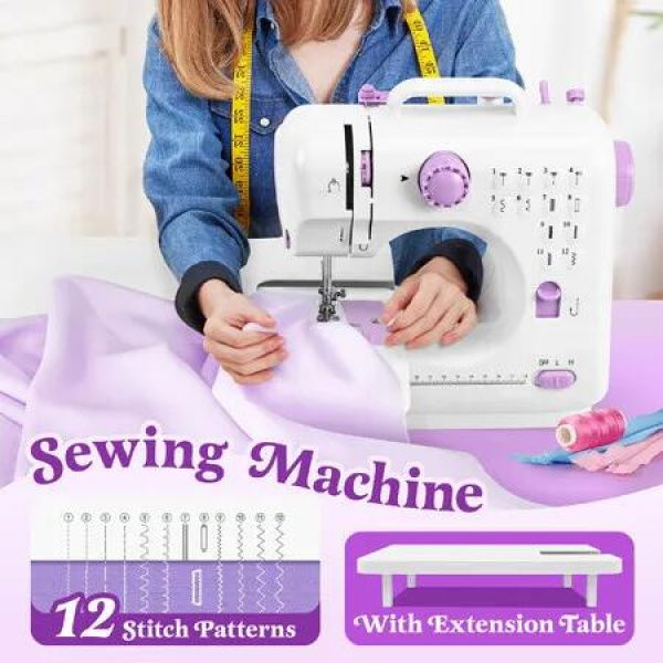 Mini Sewing Machine Electric Reverse Stitching Portable Mending Kit for Beginners 12 Stitch Patterns Extension Table