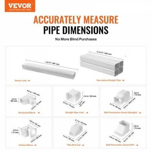 Mini Split Line Set Cover 76.2mm W 5400mm L PVC Decorative Pipe Line Cover For Air Conditioner with 10 Straight Ducts & Full Components Paintable