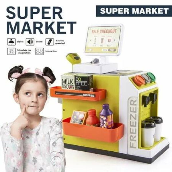 Mini Supermarket Playset with Lights and Sounds Coffee Fridge Stations Pretend Play Money, Calculator, Scanner, Credit Card Preschool Gift for Boys Girls