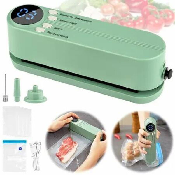 Mini Vacuum Sealer for Food,3 in 1 Cordless Rechargeable Food Sealer for Dry/Moist Food Storage with 4 Snack Bags,Heat Sealer - Green