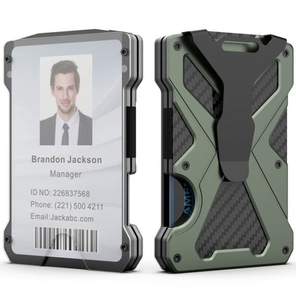 Minimalist Wallet For Men - Slim Aluminum Metal Money Clip Wallet With Clear ID Card Holder Carbon Fiber Wallet RFID Blocking. Holds Up To 15 Cards With Cash Clip. Ultra-Thin Tactical Wallet (Army Green).