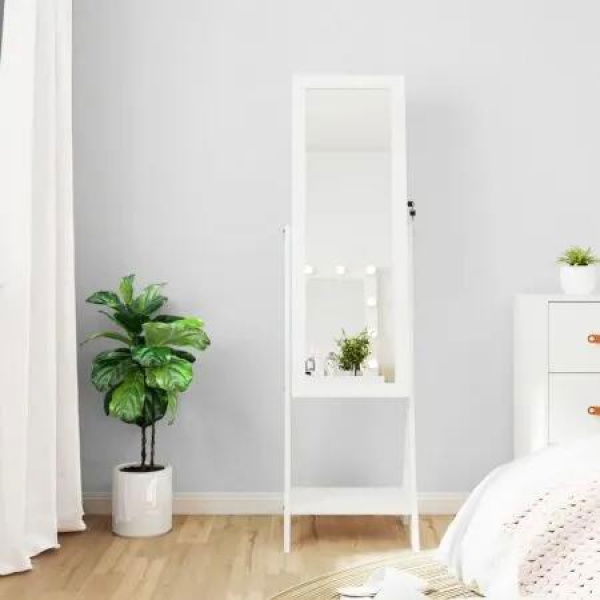 Mirror Jewellery Cabinet with LED Lights Free Standing White