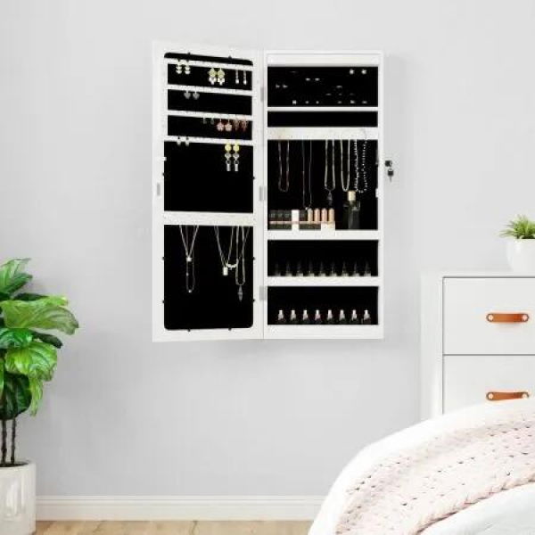 Mirror Jewellery Cabinet with LED Lights Wall Mounted White