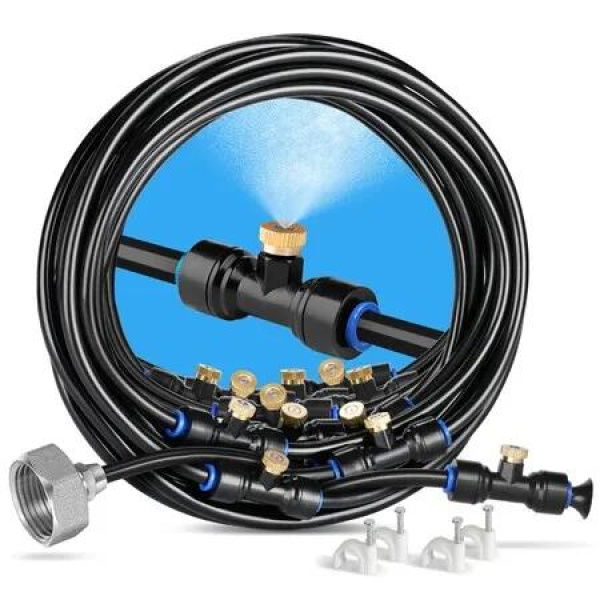 Misting Cooling System 59FT (18M) Misting Line + 20 Brass Mist Nozzles + Brass Adapter(3/4In) Outdoor Mister for Patio Garden Greenhouse Trampoline for Waterpark