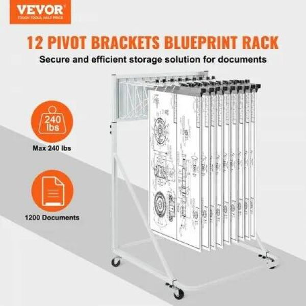 Mobile Blueprint Storage Rack Plan Holder with 12 Pivot Brackets 240 lbs