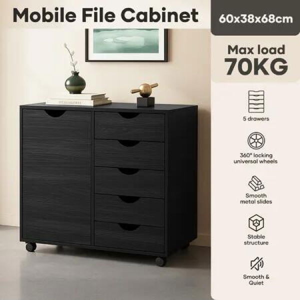 Mobile File Cabinet 5 Drawer Side Under Desk Filing Document Organiser Home Office Storage Cupboard Shelves Printer Stand Wooden Furniture 60x38x68cm