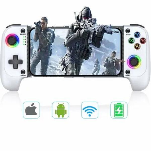 Mobile Gaming Controller for Iphone/Android, Hall Effect Joysticks Wireless Phone Controller with RGB, Suitable for PUBG, Fortnite, Call of Duty Mobile Gamers, White