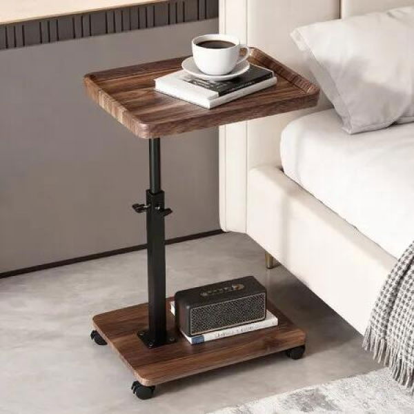 Mobile Laptop Table C Shaped Coffee Sofa Bed Side Desk Computer Stand TV Tray Height Adjustable Overbed Couch Portable Dine Storage Shelf Cart Wheels