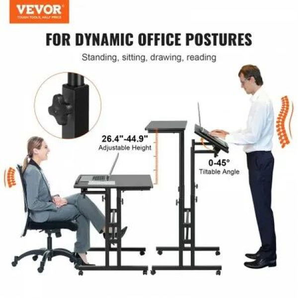 Mobile Standing Desk, 26.4'-44.9' Gas-Spring Height Adjustable Sit-Stand Desk, 360Â° Swivel Wheels (4 Lockable) Home Office Rolling Laptop Table & 0-45Â° Tiltable Desktop, 2 Hooks, 40LBS Loading