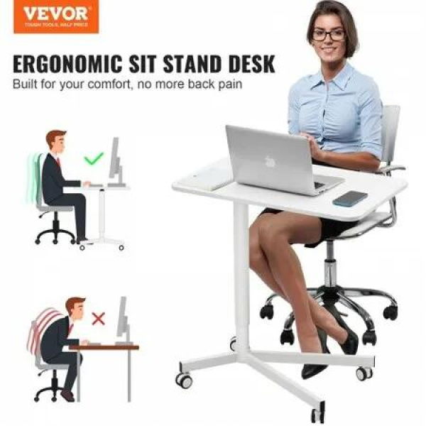 Mobile Standing Desk, 28.5'-44.2' Gas-Spring Height Adjustable Sit-Stand Desk, 360Â° Swivel Wheels (2 Lockable) Portable Rolling Laptop Table Computer Cart for Home Office School, 44LBS Loading