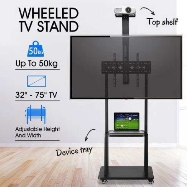 Mobile TV Stand Mount Bracket Trolley 32-75 Inch LED LCD Screen Monitor Television Cart with Media Storage Shelf Wheels Adjustable Freestanding