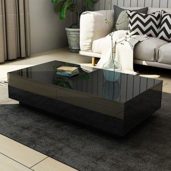 Modern Coffee Table 4-Drawer Storage Shelf High Gloss Wood Living Room Furniture - Black